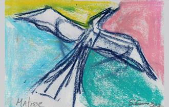 A bird takes flight.  Art by Seamus Doran inspired by the work of Matisse.