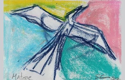 A bird takes flight.  Art by Seamus Doran inspired by the work of Matisse.