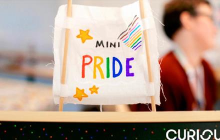 Make shift flag reads, 'Mini Pride' with stars and rainbows. Photography credit: Michael McGuire and Ben Hughes.