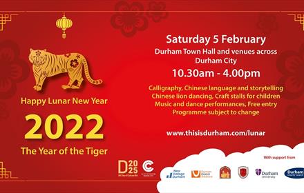Lunar new year poster showing dates and events and the the wording Happy Lunar New Year 2022 The Year of the Tiger and image of a tiger