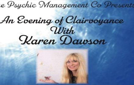 Image of clairvoyant Karen Dawson against a heavenly blue background.