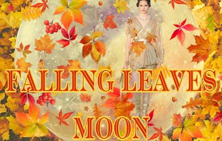 Illustration of a beautiful woman walking among autumn leaves which surround a large full moon.