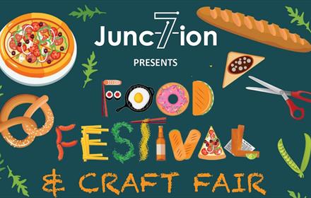 Advertising poster with wording Food Festival and Craft Fair with images of food items.  Pizza, Bread