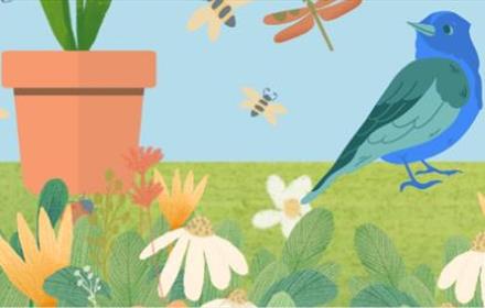 Graphic of flowers, bees, dragonfly, bird and plant pot with green plant.