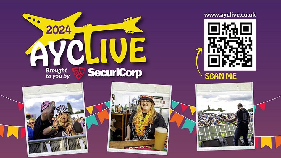 Advertisement with Ayclive logo and pictures of festival goers and performers