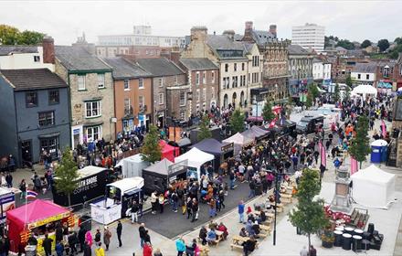 Aerial view of market stalls in Bishop Auckland Market Place