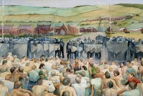 Barrie Ormsby, Miners' Strike 1984, 1980s, Watercolour on Paper. Miners sitting on the road in Ushaw Moor being blocked by police.