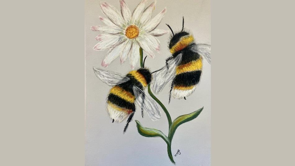 painting of two bees and a white flower