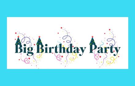 Text of Big Birthday Party with stars, streamers and party hats. Blue. White and blue background.