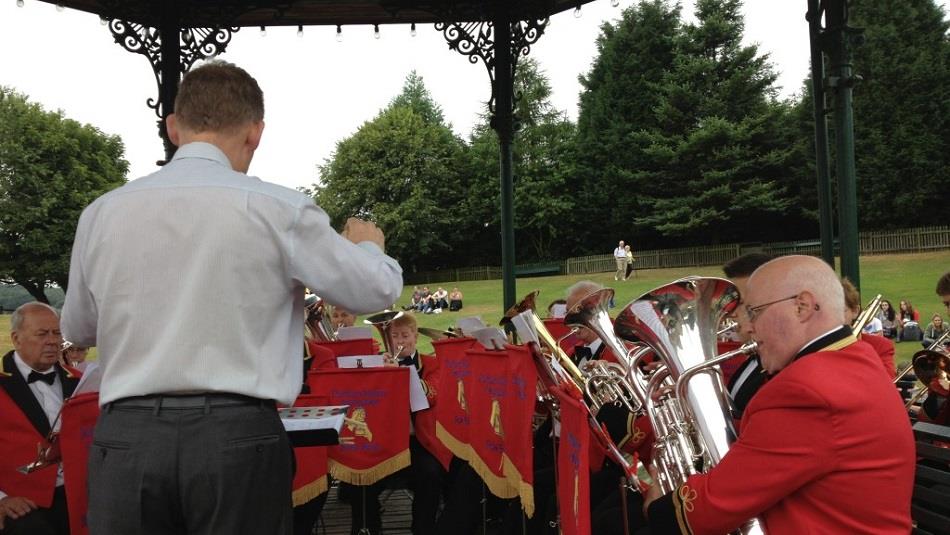 Brass band playing in bandstand at Beamish Museum.