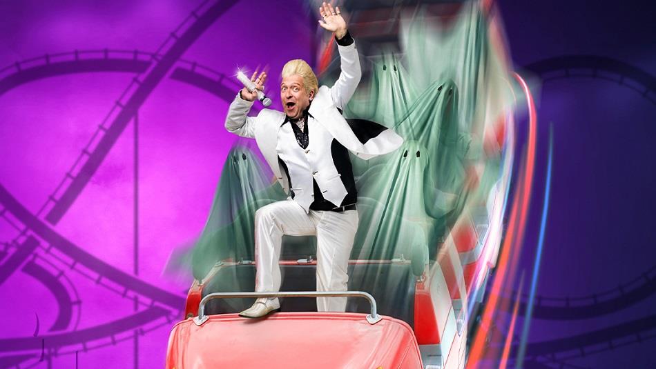 Clinton Baptiste superimposed on to as rollercoaster full of spectres.