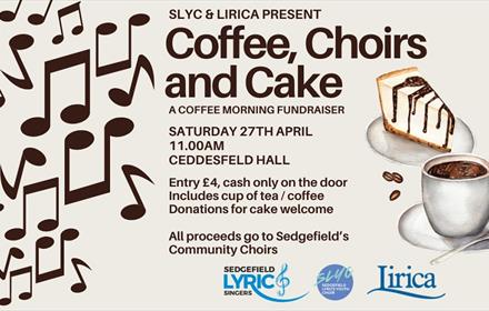 poster advertising event, coffee, choirs and cake.  Musical notes, slice of cake, coffee cup