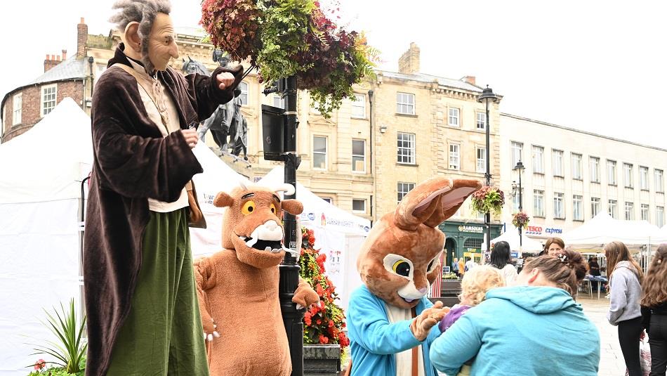 Book related fun at Durham Children's Book Festival. Characters such as the BFG, the Gruffalo and Peter Rabbit with families.