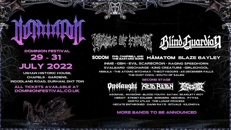 Dominion Festival logo and advertising poster with logo in purple with a black background.