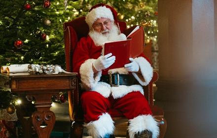Image of Santa Claus reading by a Christmas Tree.