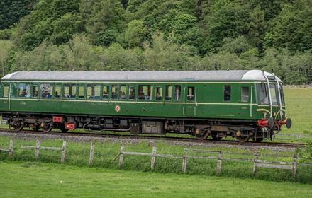 Train on the Weardale Railway line, fields, woodland