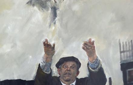 Letting Go 2012 acrylic painting by David Venables. Man releasing bird into air.