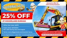 25% off voucher for Diggerland Durham with photo of one  of their digger rides