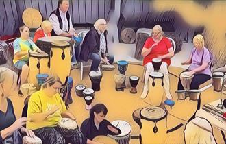 Illustration of people sitting and playing hand drums
