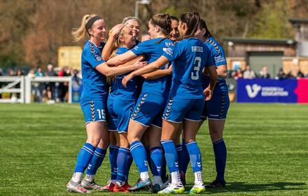 Durham Women celebrate Beth Hepple's goal against Sunderland in the 3-0 win on April 24, 2022.