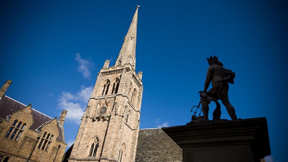 Statue of Neptune and St Nicholas' Church in Durham Market Place