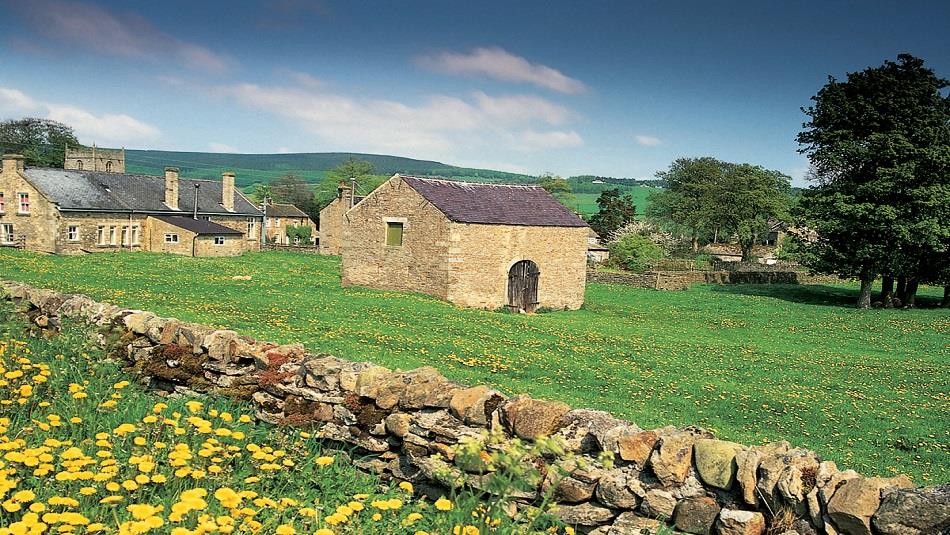 Teesdale landscape, stone barn, stone cottages