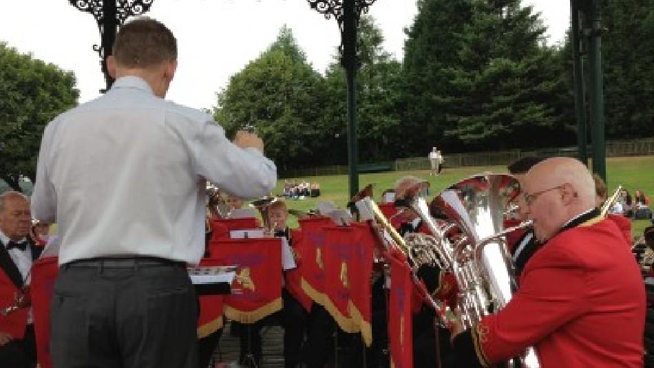 Easington Colliery Band performing in bandstand at Beamish, The Living Museum of the North