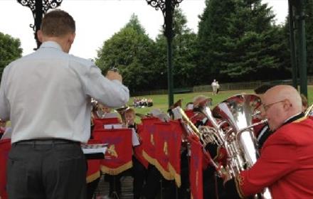 Easington Colliery Band performing in bandstand at Beamish, The Living Museum of the North