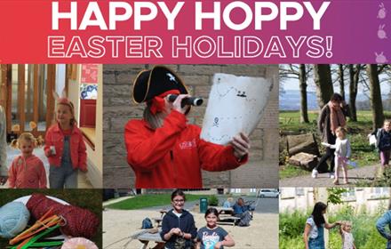 Text of Happy Hoppy Easter Holidays in capitals. collage of images of children doing different Easter activities