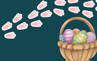 Graphic of rabbit paw prints and basket full of Easter eggs