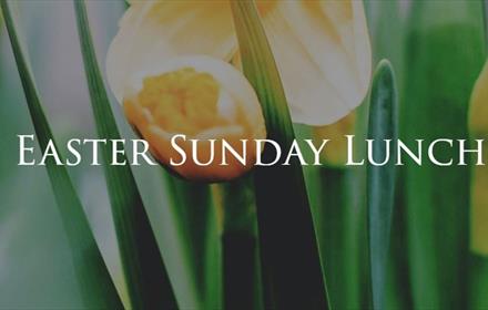 Close-up of yellow tulips. 'Easter Sunday Lunch' written in white and capital letters