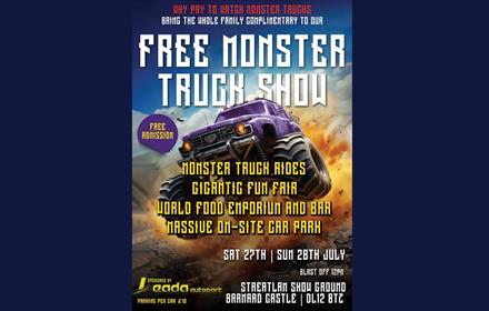 Text reads: 'Free Monster Truck Show', with images of a Monster Truck driving through fire.