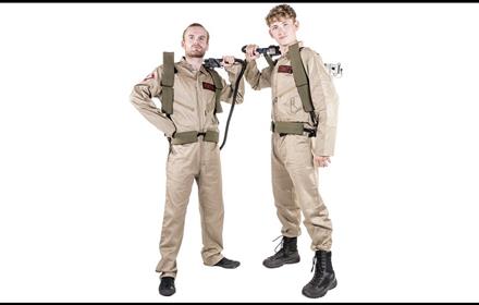 Two men dressed as Ghost Busters