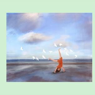 Painting of young girl doing cartwheels on the beach