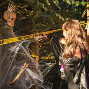 A small child looking at a skeleton on the Plotters' Forest Halloween trail
