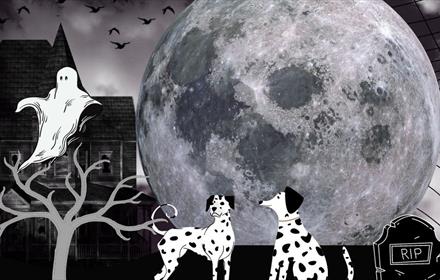 Black and white image of ghost, moon and Dalmatian dogs