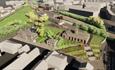 A CGI render of a birds eye view of Hopetown Darlington. showcasing the Goods Shed, North Road Station Museum, the Carriage Works, Wagon Woods and Dar