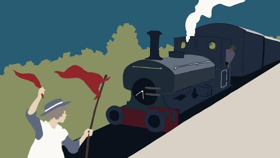 Graphic image of Roberta standing in the tracks and stopping the train - The Railway Children.