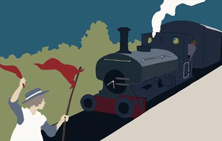 Graphic image of Roberta standing in the tracks and stopping the train - The Railway Children.