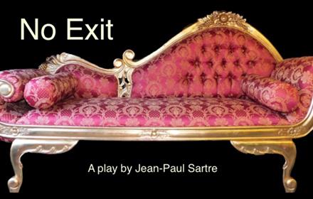 Pink brocade chaise longue with gold legs and edging.  wording, No Exit, A play by Jean-Paul Sartre