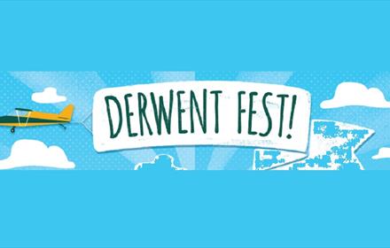 Cartoon image of an aeroplane pulling a banner with the wording Derwent Fest!