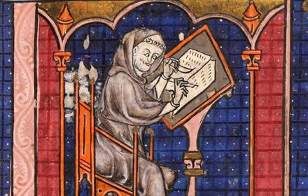 A manuscript illustration of a medieval monk.