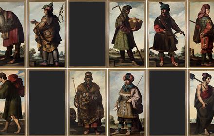 13 biblical portraits by Francisco de Zurbarán hanging in Auckland Castle, depicting Jacob and his twelve sons.