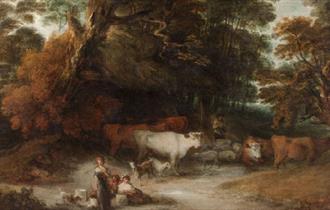 Thomas Gainsborough painting 1727–1788,  Wooded Landscape with a Milkmaid, Rustic Lovers, and a Herdsman, around 1775 – 1777, oil on canvas