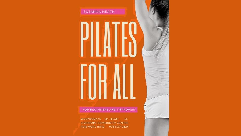 Poster with wording Pilates for All with image of a woman stretching.
