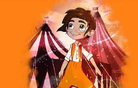 Cartoon image of PInocchio in front of a big-top tent