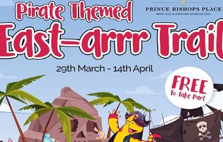 Text, 'Bertie's Pirate Themed East-arr Trail' with images of skull and crossbones, palm trees and pirate ships.