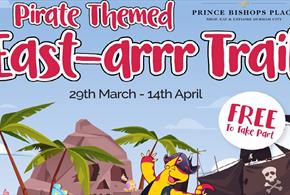 Text, 'Bertie's Pirate Themed East-arr Trail' with images of skull and crossbones, palm trees and pirate ships.