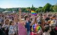 Crowds gather in rainbow colours to celebrate Durham Pride.