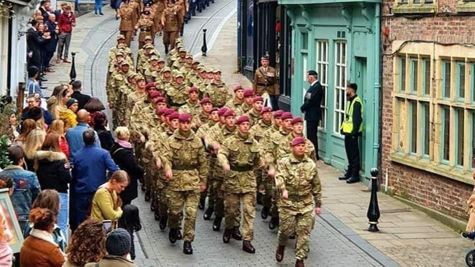 The Remembrance Day parade in Durham City, marching down Saddler Street The Remembrance Day parade in Durham City, marching down Saddler Street